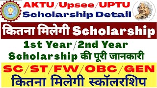 AKTU Scholarship कितनी मिलती है SCSTOBCGENFW छात्रों को कितनी मिलेगी। FW Scholarship  AKTU [upl. by Asiulana161]