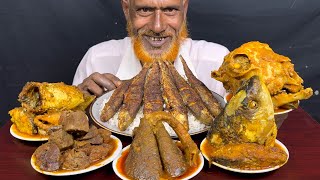 Full Mutton Lounge Fish Head Curry Goat Head Curry Mutton Liver Curry Fish fry with Rice Eating [upl. by Keffer]