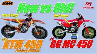 20245 KTM 450 Factory Edition First vs 2024 Gas Gas MC450 Back to Back Updated Frame Better [upl. by Ensoll]