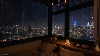 Cozy Bedroom With A Night View Of New York In Heavy Rain  Rain Sounds Rain On Window [upl. by Zakarias]