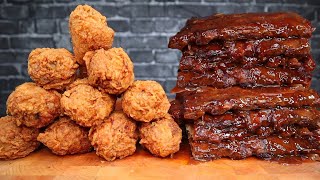 CRISPY FRIED CHICKEN DRUMSTICKS SAUCY HONEY amp GARLIC RIBS MUKBANG [upl. by Hintze]