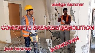 Satisfying construction concrete breaking demolition sledge hammer jack hammer show [upl. by Noissap]