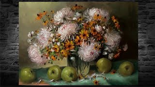 47 Хризантемы и яблоки маслом Как нарисовать цветы букет маслом  How to paint flowers in oil [upl. by Ailahs843]