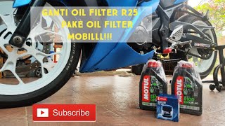 Ganti filter oli Yamaha R25 pake filter oli Mobil Denso DXE1007 LEBIH MURAAHHHH [upl. by Derfla]