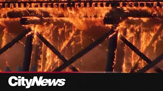 Large fire engulfs inactive rail trestle between Richmond and Vancouver [upl. by Gerfen]