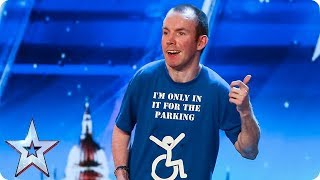 Lost Voice Guy has the audience ROARING with unique comedy routine  Auditions  BGT 2018 [upl. by Ronyar167]