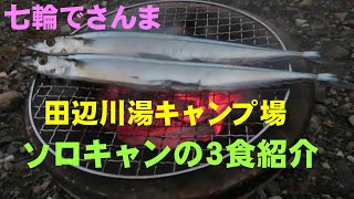 田辺川湯キャンプ場で ソロキャンプ 七輪でさんま他 昼夜朝３食紹介＆トモウントG moon tent設営 [upl. by Zasuwa]