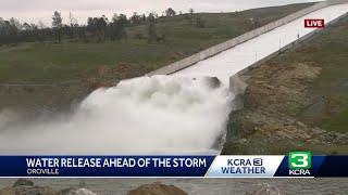 Watch Oroville Dam spillway releases begin in advance of winter storm [upl. by Naesal581]