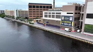 DRONE FOOTAGE AquaFence Around Tampa General Hospital in Preparation of Milton [upl. by Ymor]