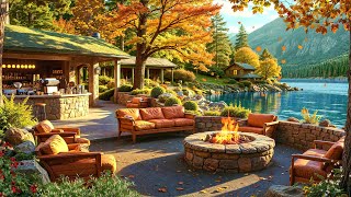 Cozy Fall Outdoor Coffee Shop Ambience 🍂 Morning Smooth Background Jazz Music and Warm Fireplace [upl. by Enyawd]