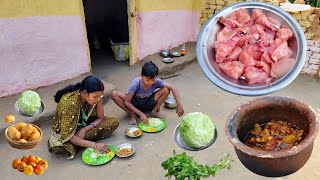 Authentic VillageStyle HANDI CHICKEN Curry And Cabbage Bhujia Recipe by Our Rural Mother And Son [upl. by Eibreh935]