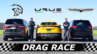 Dodge Durango Hellcat vs Lamborghini Urus vs Jeep Trackhawk  DRAG amp ROLL RACE [upl. by Drofnil500]