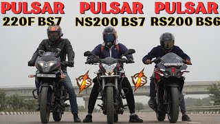 Pulsar 220f BS7 vs Pulsar NS200 BS7 vs Pulsar RS200 BS7 Drag Race  The UP46 Rider [upl. by Nodmac]