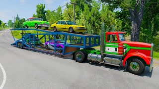 Double Flatbed Trailer Truck vs speed bumps Busses vs speed bumps Beamng Drive [upl. by Lled]