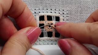 Nutmeg and Doves eye hardanger filling stitches on Woven bars [upl. by Florella96]