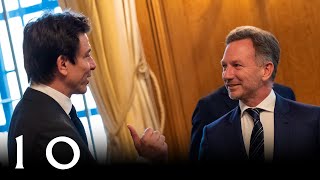 F1s Toto Wolff Christian Horner Zak Brown amp Guenther Steiner visit 10 Downing Street [upl. by Arhat]