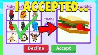 Trading 100 LEGENDARY PETS until I get a SANDWICH Adopt Me [upl. by Nanni589]