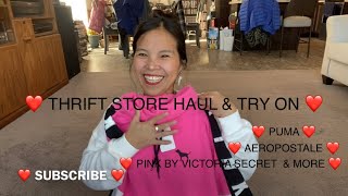 THRIFT STORE HAUL amp TRY ON  PUMA AEROPOSTALE PINK BY VICTORIA SCERET amp MORE thriftstorefinds [upl. by Gereron]