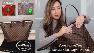 REPAIRING LOUIS VUITTON CANVAS DAMAGE PURSE REHAB  heycarmen [upl. by Ardnasela]