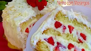 Como fazer Bolo de Aniversário de Ninho com Morangos  Quase 3 quilos de bolo Serve 25 convidados [upl. by Lledrac363]