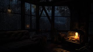 Rainfall and Fireplace Burnings in a Wooden Cabin  Peaceful Forest Night Ambience [upl. by Hobey671]