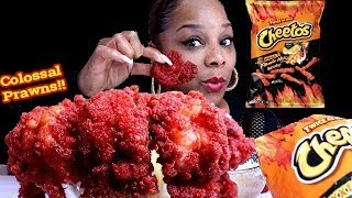 FLAMIN HOT CHEETOS FRIED COLOSSAL PRAWNS SEAFOOD BOIL MUKBANG [upl. by Assened934]