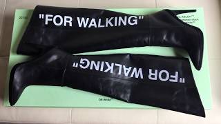 OFFWHITE For Walking printed patent leather knee boots co Virgil Abloh unboxing [upl. by Orella]