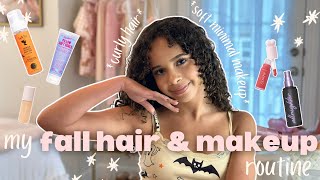 my fall hair and makeup routine🍂  curly hair routine soft makeup washday makeup tutorial [upl. by Shirberg]