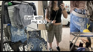 thrift with me summer wardrobe jorts cyber y2k skater lots of cute miss me jeans  try on haul [upl. by Nyrok]