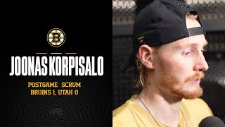 Joonas Korpisalo talks about getting a shutout in the Bruins 10 win over Utah [upl. by Nennahs]