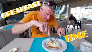 Greece Kalamaki Breakfast at our hotel Banter and viewer shout outs food fun travel breakfast [upl. by Rodoeht]