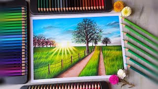 Morning scenery drawing with brustro coloured pencils  drawing and arts uday [upl. by Trinity]