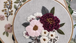 Pink and Burgundy peonies Hand embroidery for beginners [upl. by Mair]