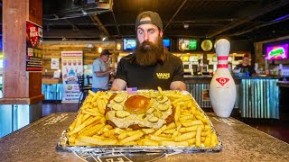 YOU WIN A HUGE TROPHY IF YOU FINISH THIS FOOD CHALLENGE IN A BOWLING ALLEY  BeardMeatsFood [upl. by Pillihp671]