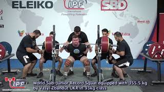 World SubJunior Record Squat equipped with 3555 kg by Vasyl Zbandut UKR in 93kg class [upl. by Eohce731]