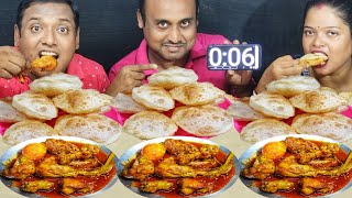 CHICKEN CURRY WITH PURI EATING CHALLENGE  LUCHI MANGSHO KHABAR CHALLENGE  food family amp more [upl. by Hesta787]