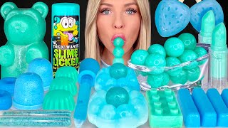 ASMR MUKBANG Teal Blue Dessert Edible Slime Blue Raspberry Drink Gummy Bear Strawberry Wax 먹방 [upl. by Erme]