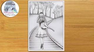 How to draw a scenery of a girl walking alone on a railway line with her guitar  pencil sketch [upl. by Kozloski]