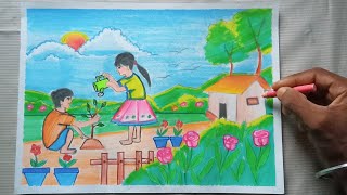 How to draw Flower garden  Easy flower garden drawing  step by step with beginners [upl. by Ettenwahs748]