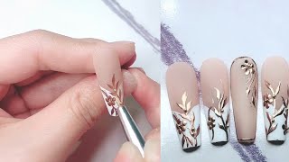 Painted nail art tutorial golden branches and jade leaves [upl. by Asehr]