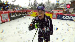 Tour de Ski 201718 Oberstdorf  Laurien van der Graaff finishes objects blowing away [upl. by Diao]