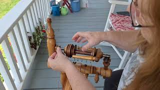 My Wee Peggy spinning wheel demonstrated for friend Linda Baldwin [upl. by Akemrehs876]