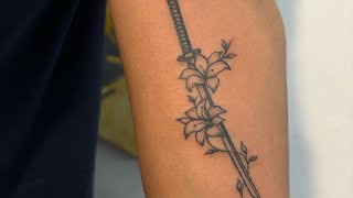 Katana with Flower  Tattoo Timelapse  tattoo flowers youtube [upl. by Aisatsanna]