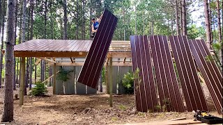 One man Metal Roof install  Plank Mills Pavilion build in the woods [upl. by Acirretahs]