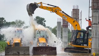 Washing with Atrocities JCB 145 Excavator and 2 JCB 3DX Owner vs Driver Fun in River [upl. by Osana]