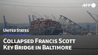 Images of the collapsed Francis Scott Key Bridge in Baltimore  AFP [upl. by Esylle57]