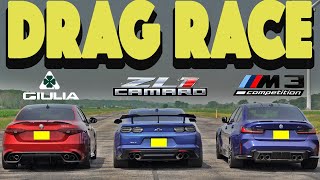 2023 BMW M3 Competition vs Alfa Romeo Giulia Quadrifoglio vs Chevy Camaro ZL Drag and Roll Race [upl. by Marna]