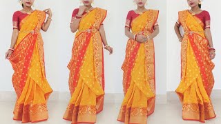 atpoure saree porar style  banarasi silk saree for wedding  reception look for bride in saree [upl. by Nosmas]