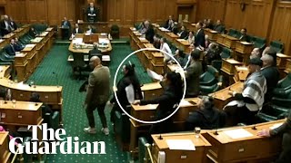 MP rips up bill leads haka as NZ parliament erupts over Waitangi treaty bill [upl. by Aicilihp447]