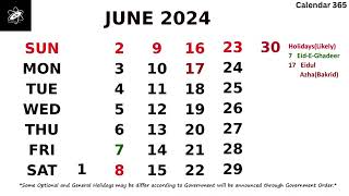 June 2024 Calendar with Holidays  India 📅 Calendar 365 📅 [upl. by Tirrej]